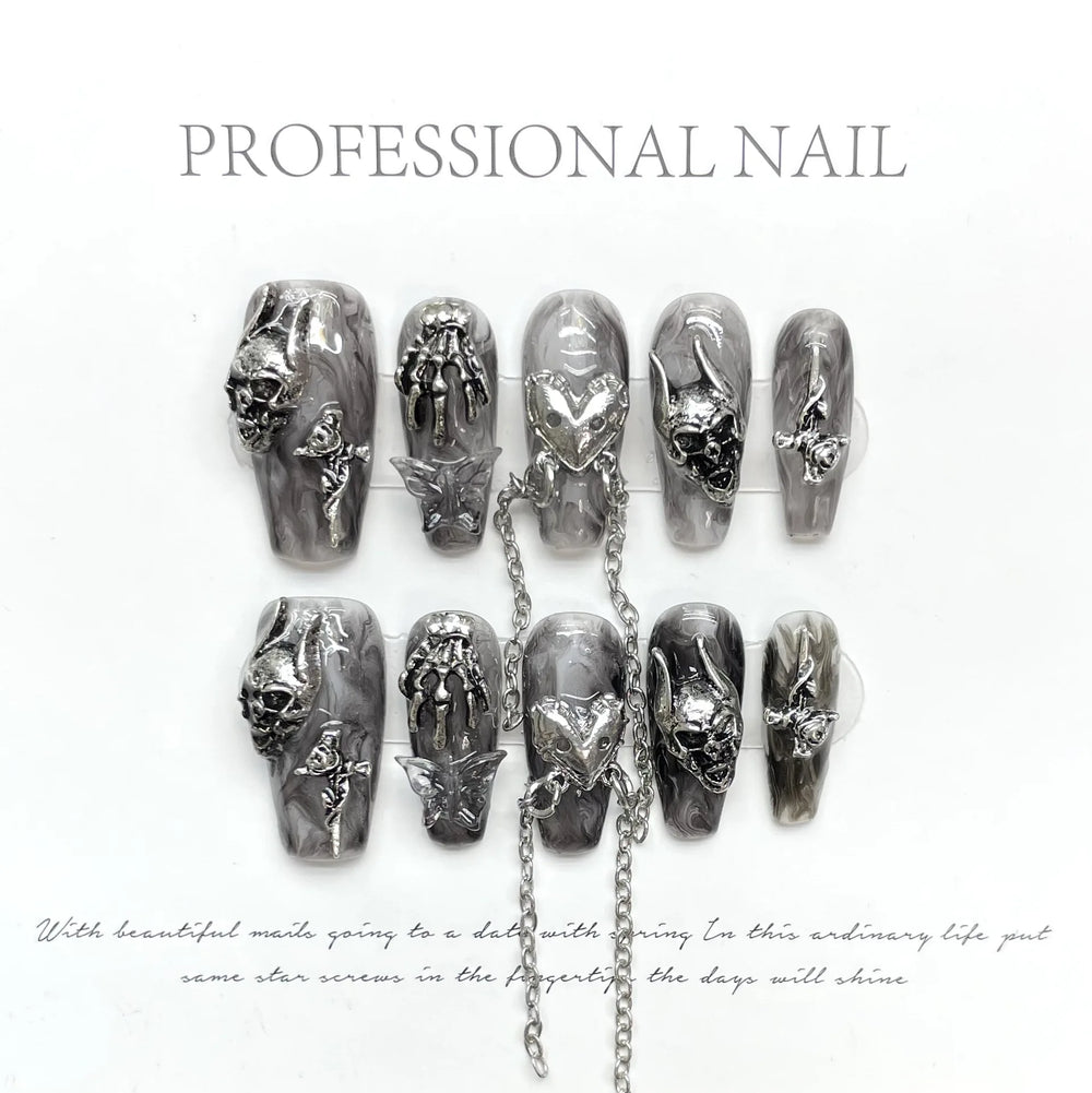 Black Chain & Butterfly Punk Handmade Press-On Nails – Long Coffin, 10 Pcs