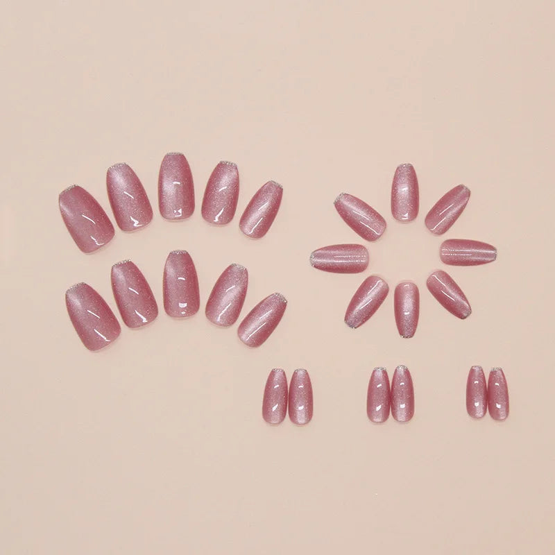 Medium long fake nails for women girls pink blue cat eyes glossy shimmer ballet almond nail tips full cover press on false nail