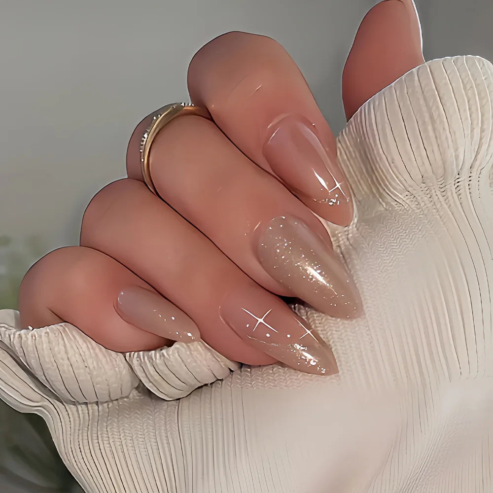Medium fake nails for women girls gradient black white beige golden white star design almond nail tips press on false nail art