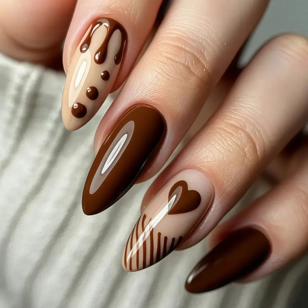 24pcs/set Fake Nails for Women Girls Chocolate Red Heart Design for Valentine's Day Almond Nail Tips Press On False Nail Art Set