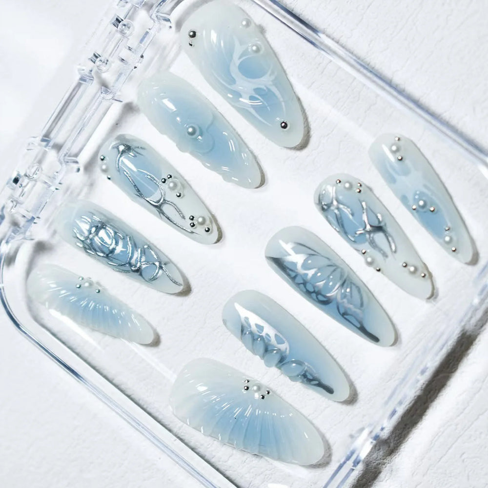 Blue Marble Chrome Butterfly Handmade Press-On Nails – Stiletto, 10 Pcs
