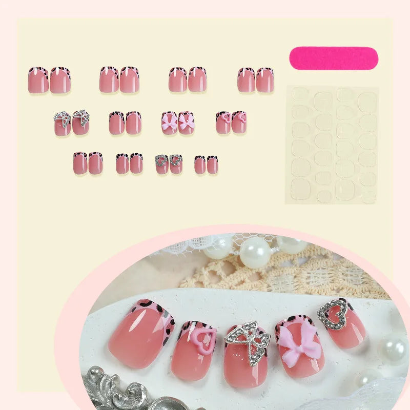 Leopard & Butterfly Bow French Press-On Nails – Square, 24 Pcs