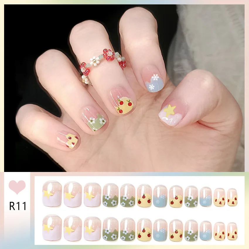 Bow & Heart Pattern Korean French Press-On Nails – Short Round, 24 Pcs