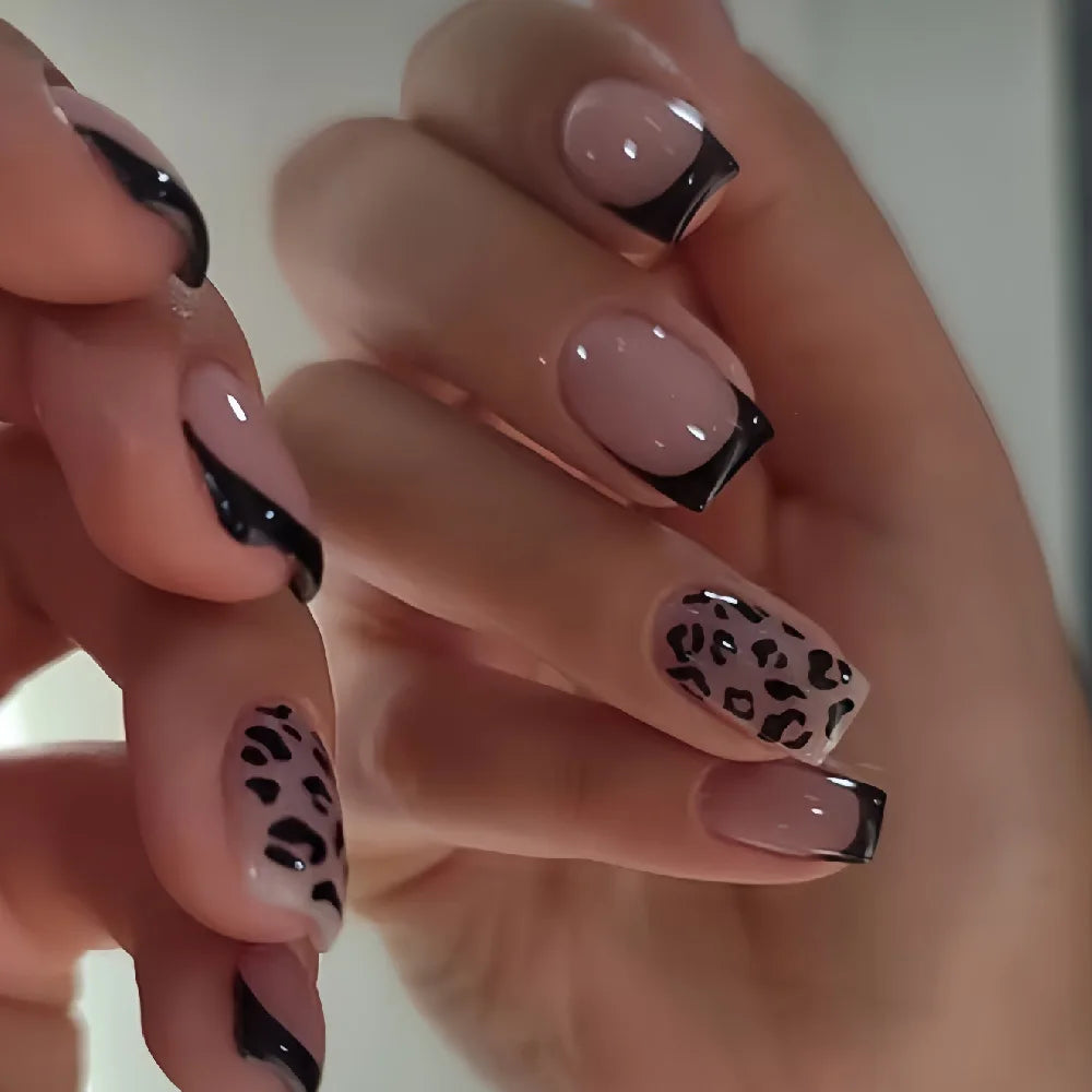 Short Medium fake nails for women girls nude brown black square nail tips with leopard print full cover press on false nail art