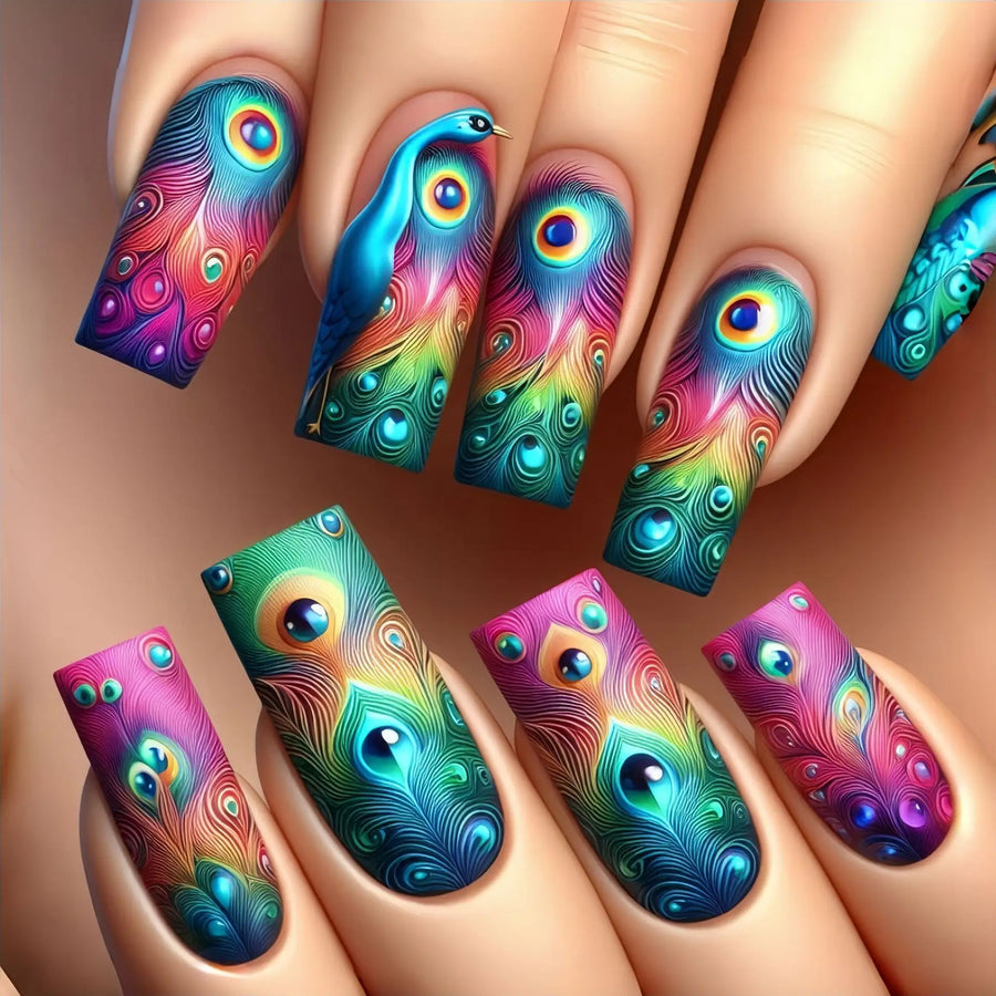 Peacock Feather & Cloud Stripe Gradient Press-On Nails – Medium Square Almond, 24 Pcs