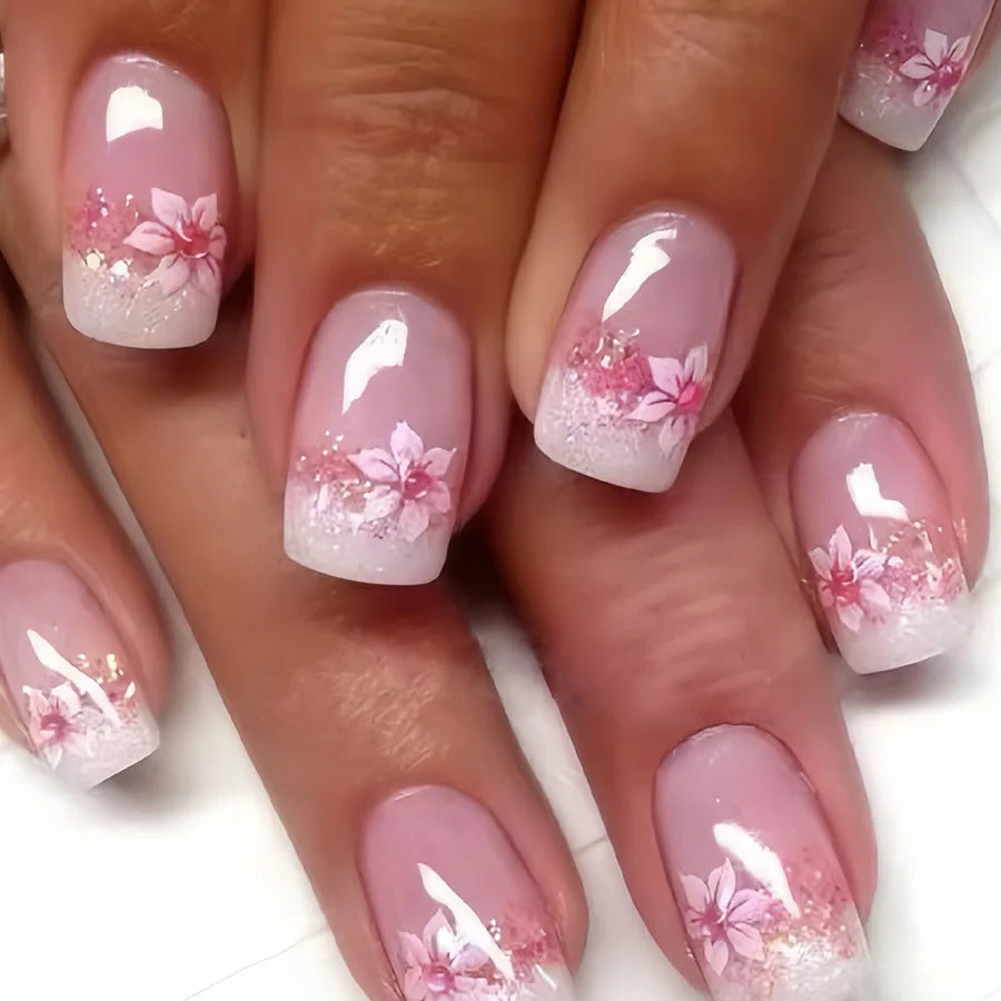 Medium Long Fake Nails for Women Girls Nude Pink Colors with Flowers Sparkling Glitters Square Ballet Tips Press On Nails Art