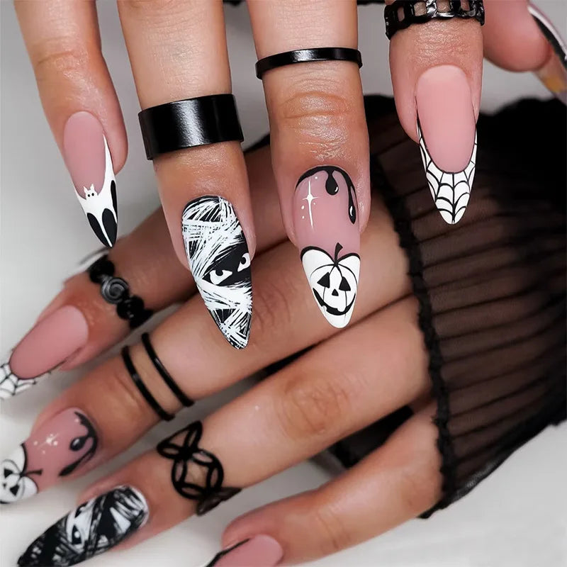 Circus Clown Ghost Halloween Press-On Nails – Long Stiletto, 24 Pcs