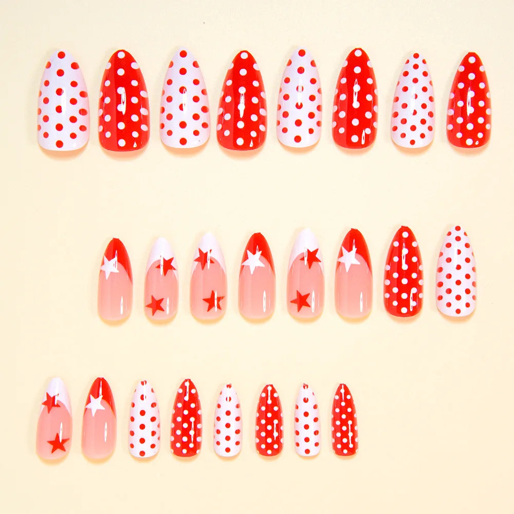 Pink Red White Polka Dot Star French Almond Press-On Nails – Medium