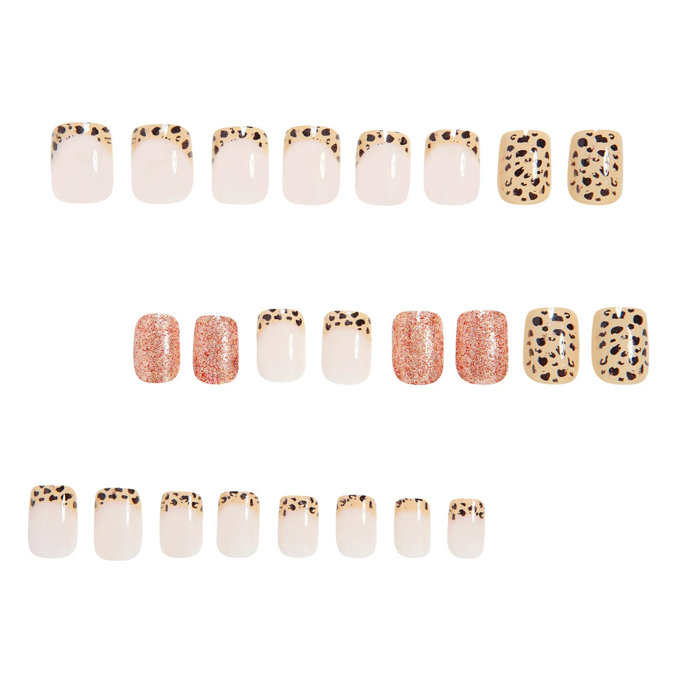 Leopard & Cherry Print French Press-On Nails – Short Square, 24 Pcs