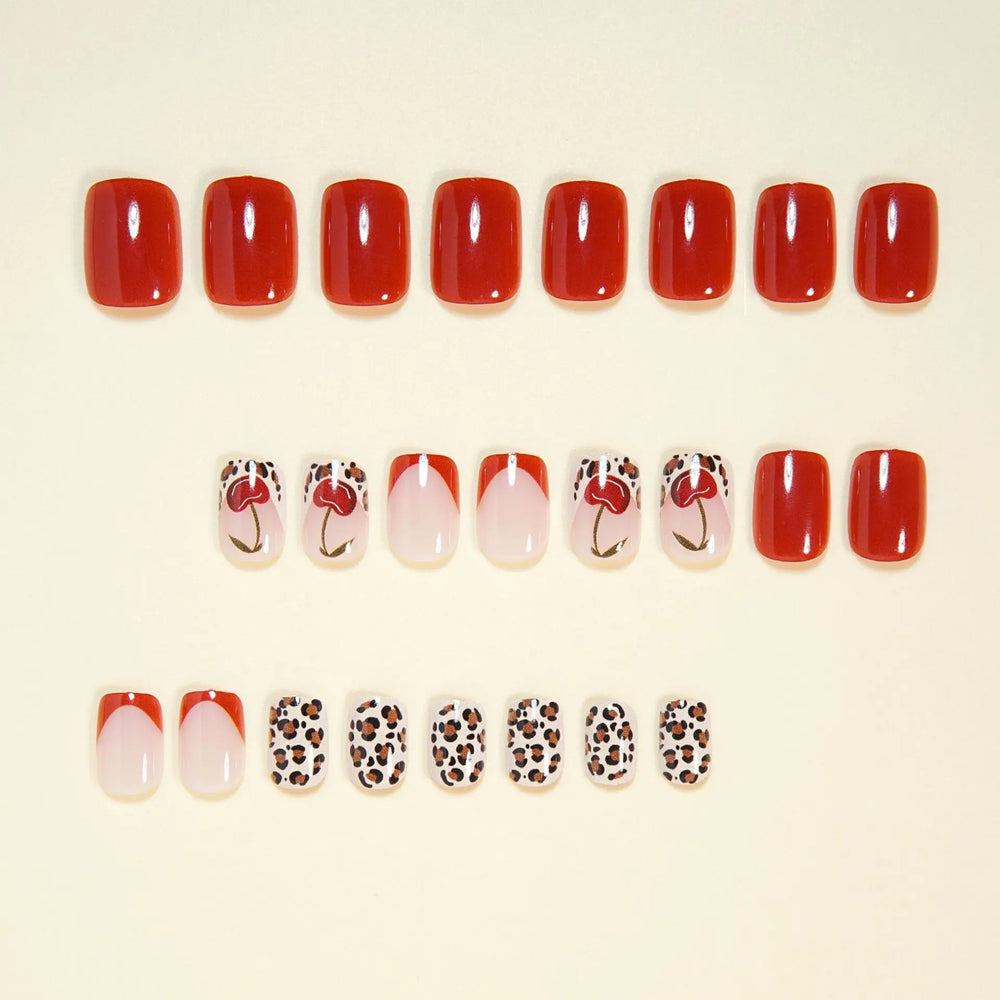 Leopard & Cherry Print French Press-On Nails – Short Square, 24 Pcs