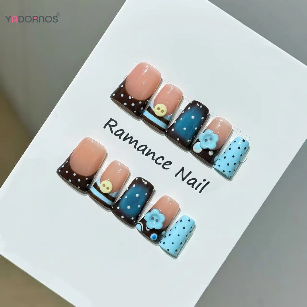 Blue Stripe Polka Dot 3D Flower Handmade Press-On Nails – Duckbill, 10 Pcs