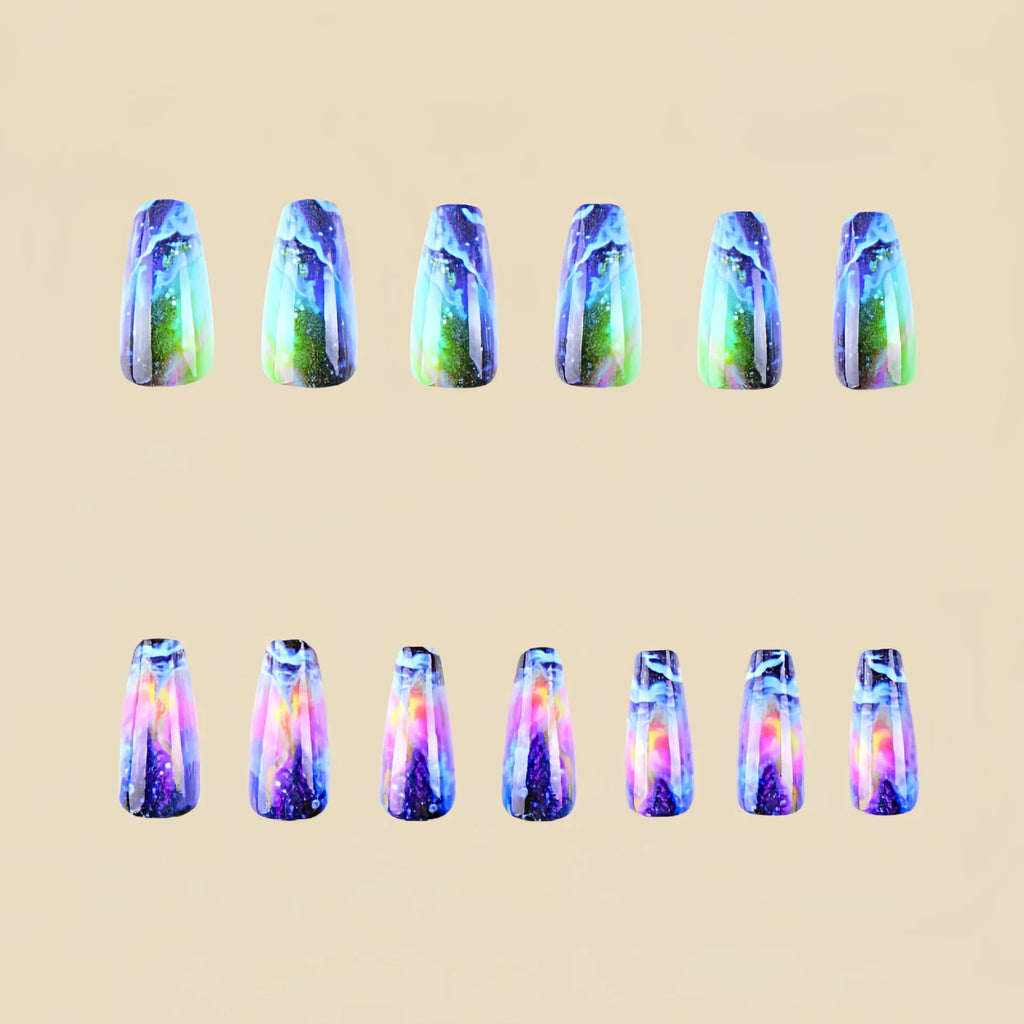 Medium long fake nails for women gradient green purple blue colors print Y2K ballet shape full cover press on Artificial Nails