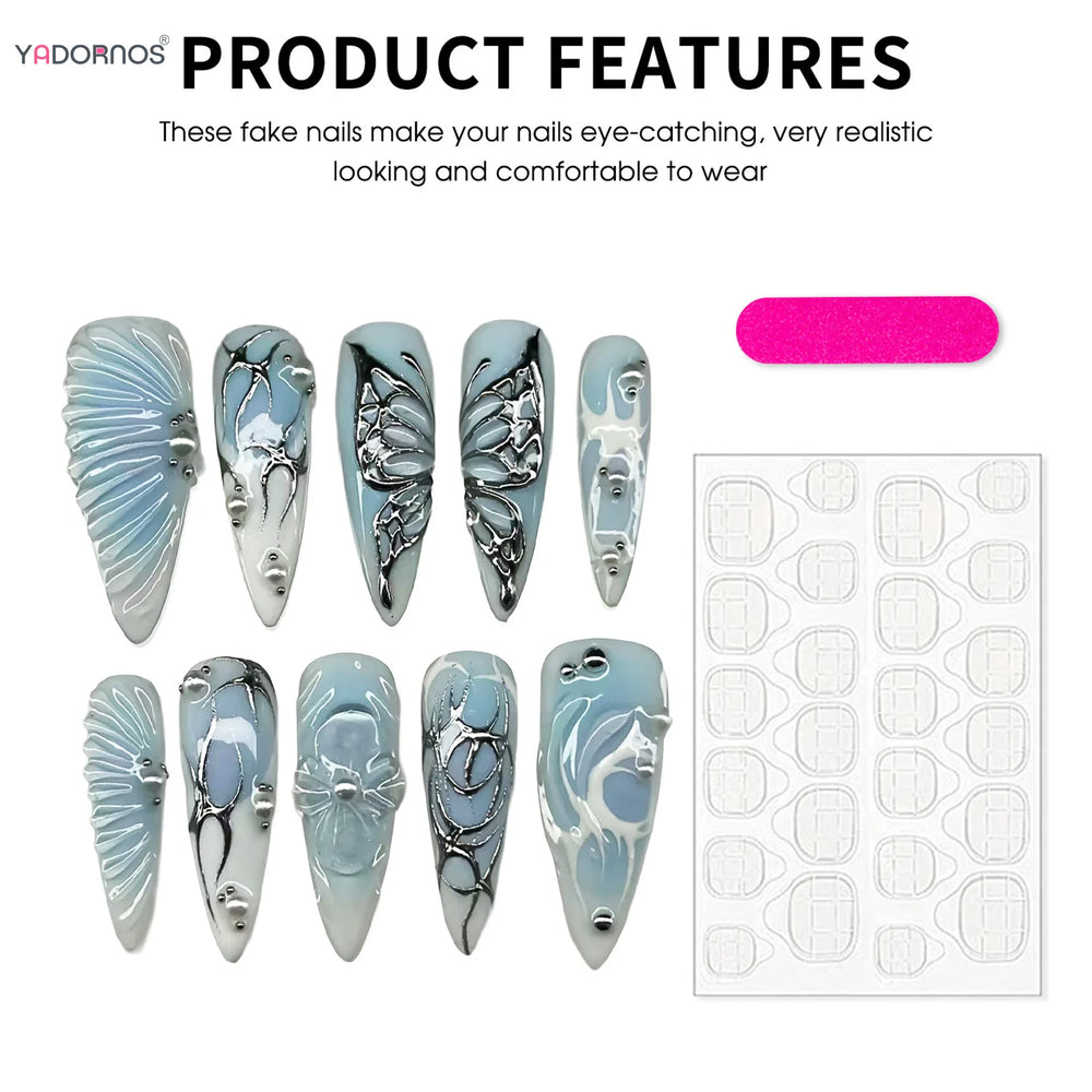 Blue Marble Chrome Butterfly Handmade Press-On Nails – Stiletto, 10 Pcs