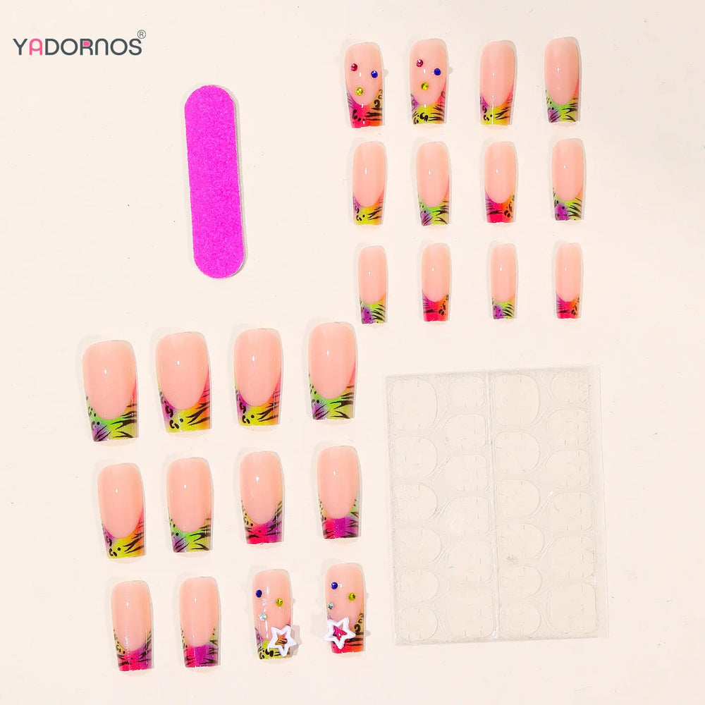 Rainbow Star Zebra French Y2K Press-On Nails – Almond, 24 Pcs