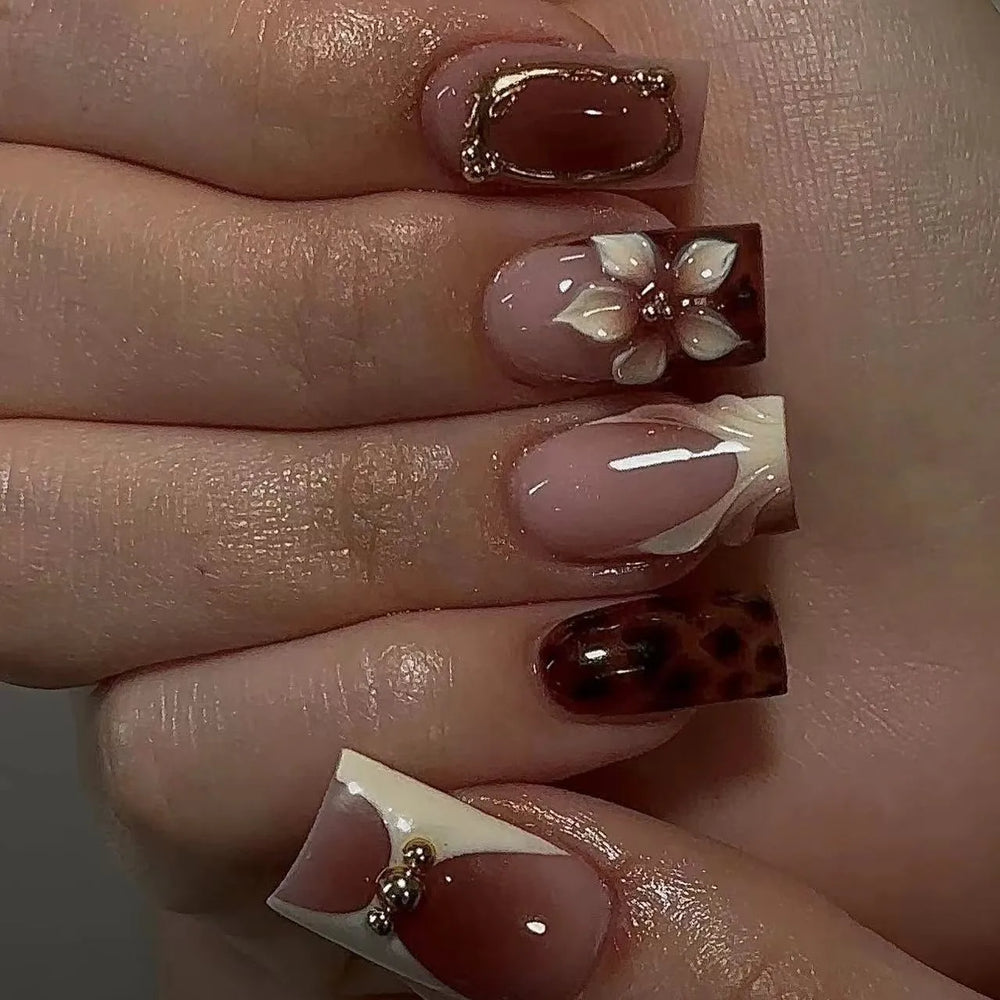 3D Leopard Flower & Butterfly Bow French Frame Press-On Nails – Medium Square, 24 Pcs