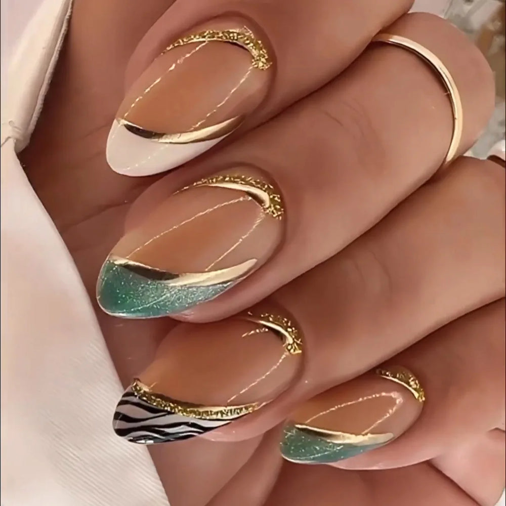 Nude Almond Press-On Nails with Leopard French Tip & Gold Stripe – Medium