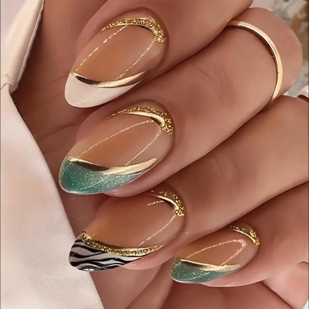 Medium fake nails for women girls nude almond nail tips with green brown leopard print french style golden strips press on nails