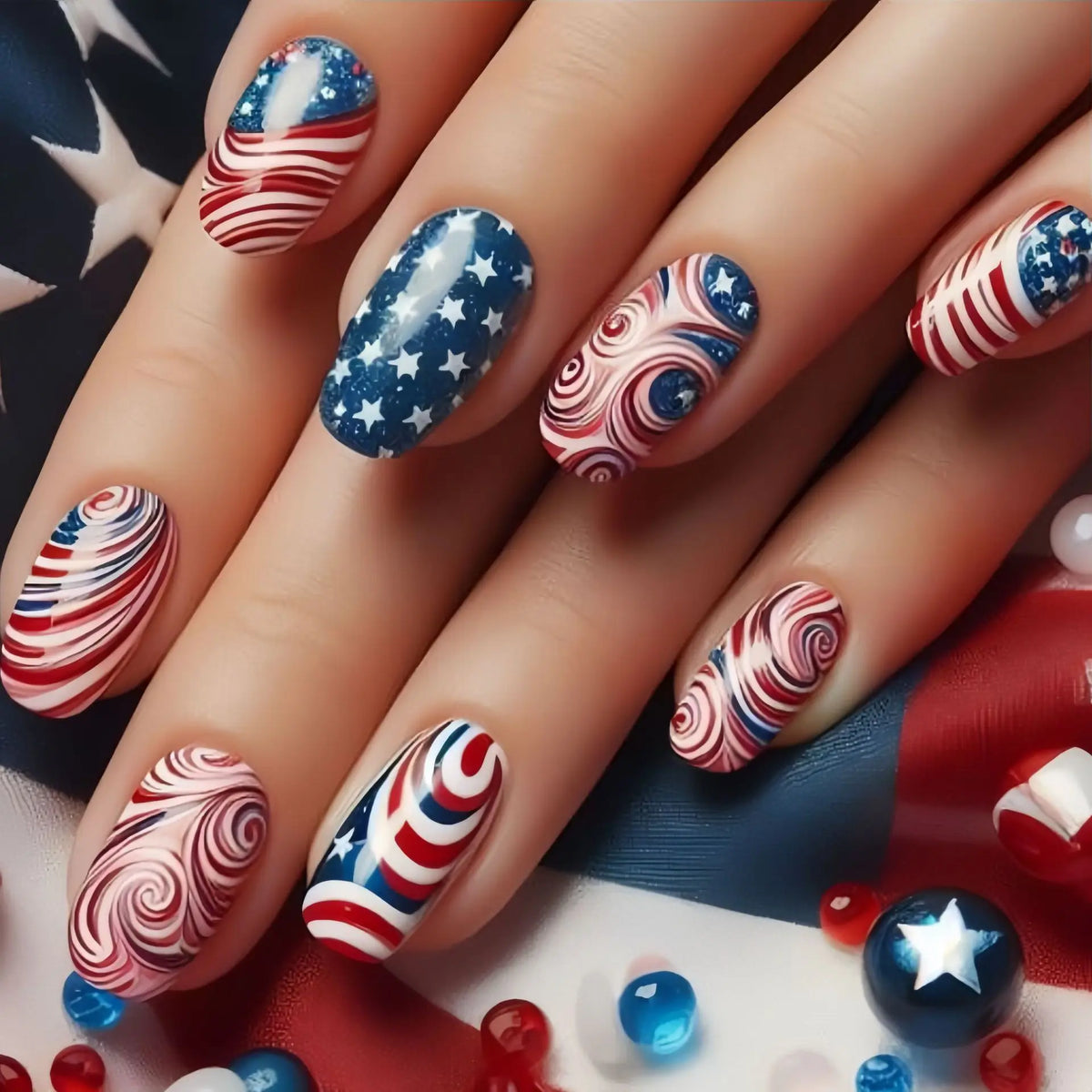 Medium fake nails fashion red blue strips star flowers design for Independence Day full cover press on acrylic false nail art