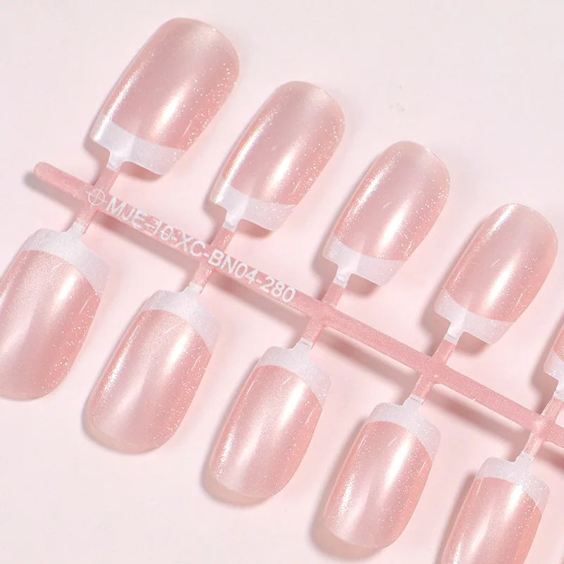 Short Medium fake nails for women glossy sparkling cat eyes french style white edge almond square shape press on false nail set