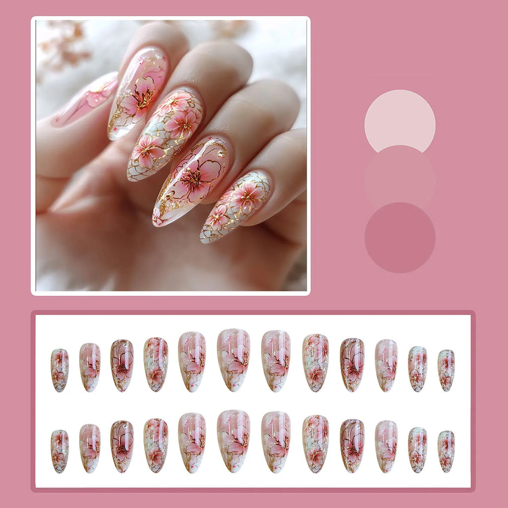 24pcs/set Medium fake nails for women girls gradient pink flowers print Almond nail tips full cover press on false nails set