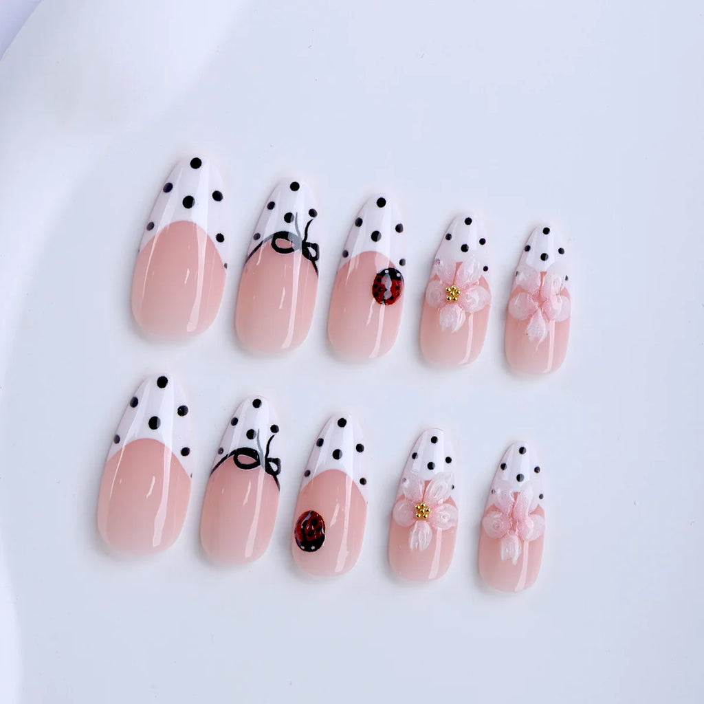 Medium fake nails for women 3D flowers with polka dots bow printing nude white french almond nail tips press on nails art set