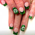 Short Medium fake nails for women girls green white four-leaf clover with glitters for St. Patrick's Day press on false nail set