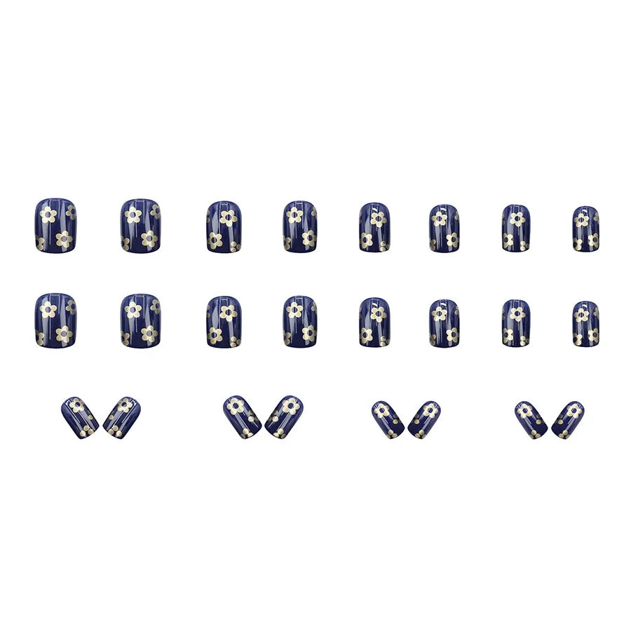 Short Square Fake Nails for Women Girls Spring Summer Flowers in Deep Blue Golden Colors Full Cover Press On Acrylic False Nail