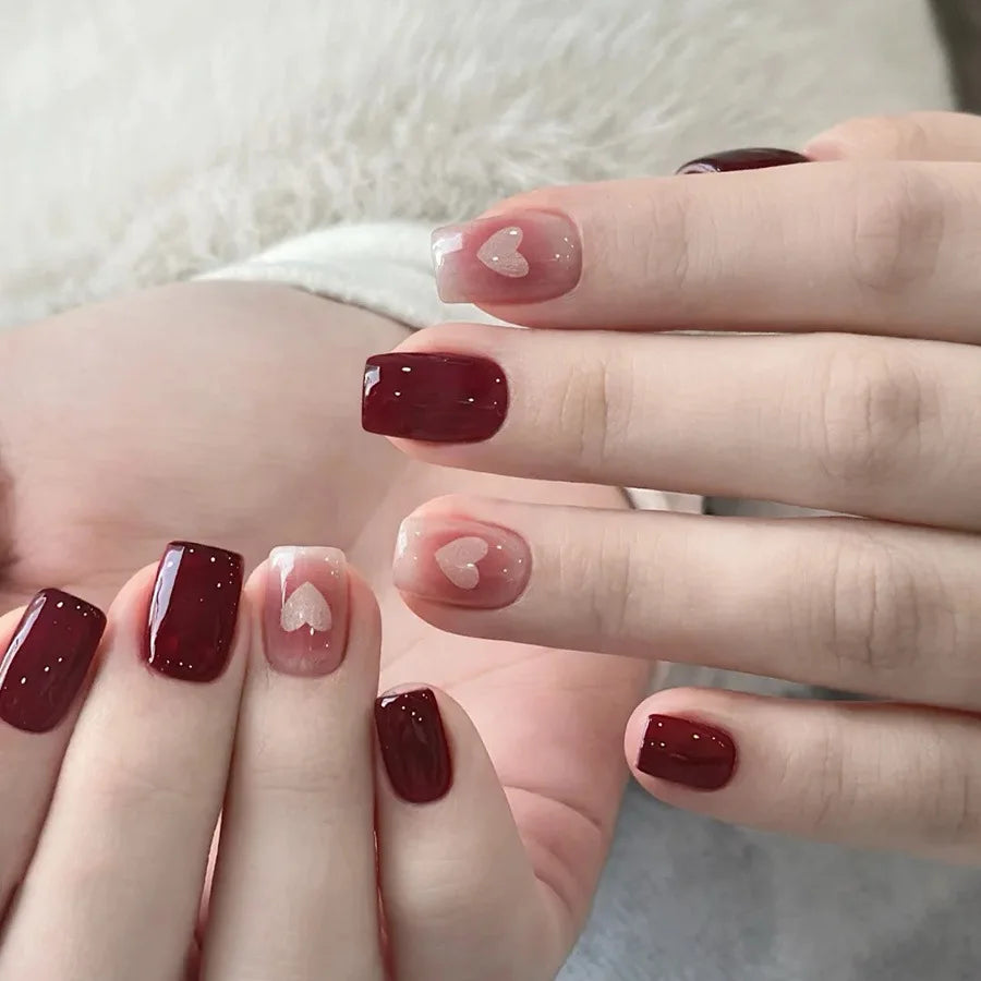 Red & Black Gradient Heart Rose French Valentine's Press-On Nails – 24 Pcs