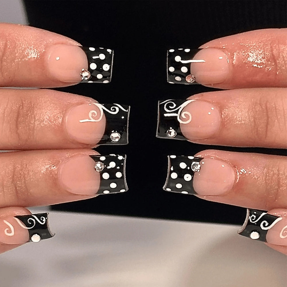 Black French White Polka Dot Rhinestone Press-On Nails – Short Square, 24 Pcs