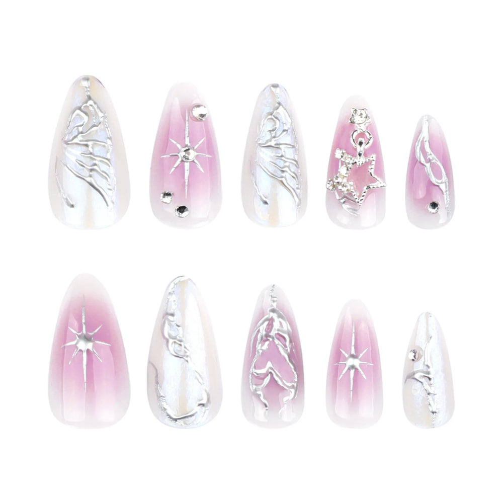 Blush Pink Y2K Chrome Punk Press-On Nails – Almond, 24 Pcs