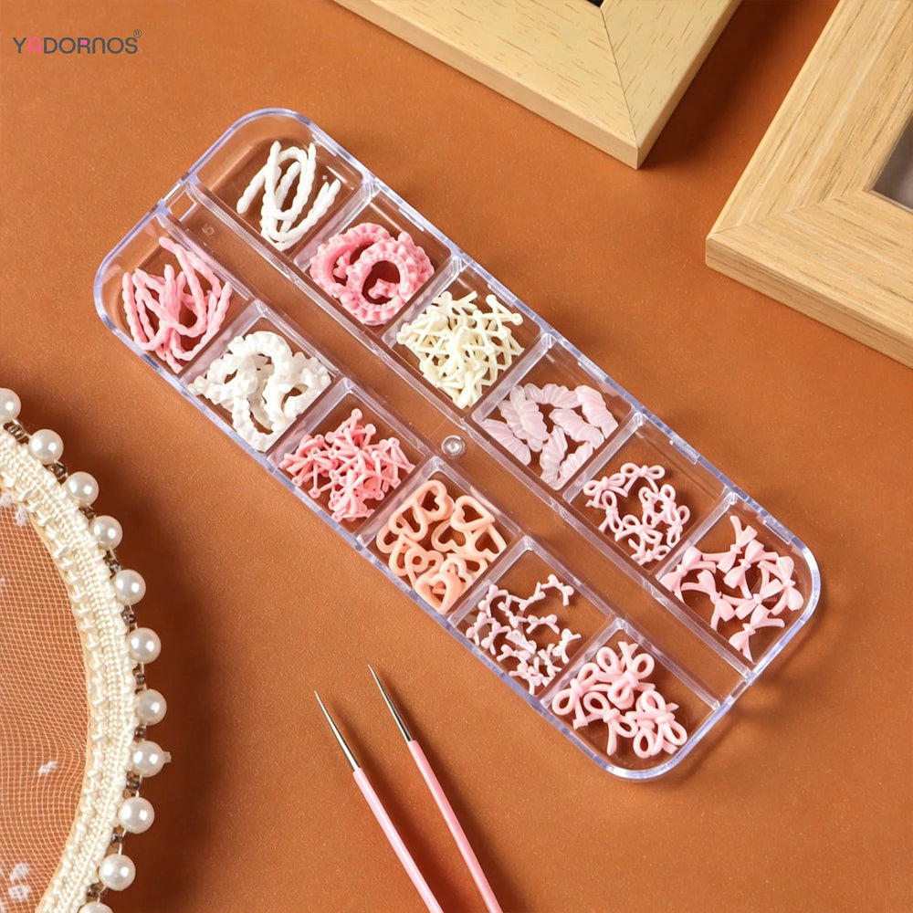 Pink Ballet 3D Bow & Heart Nail Charms – 12-Grid Box