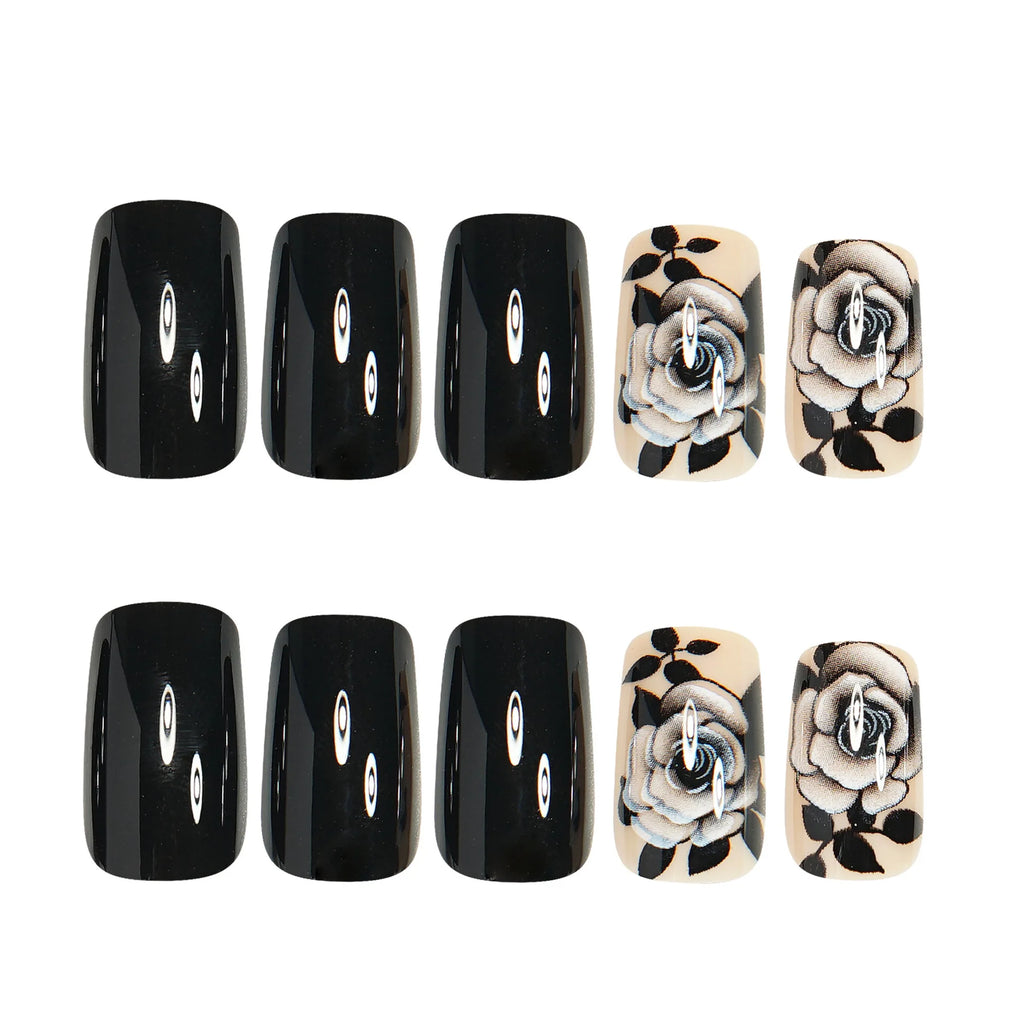 Medium long fake nails for women girls black red pink rose flowers for Valentine's Day square waterdrop shape press on nail art
