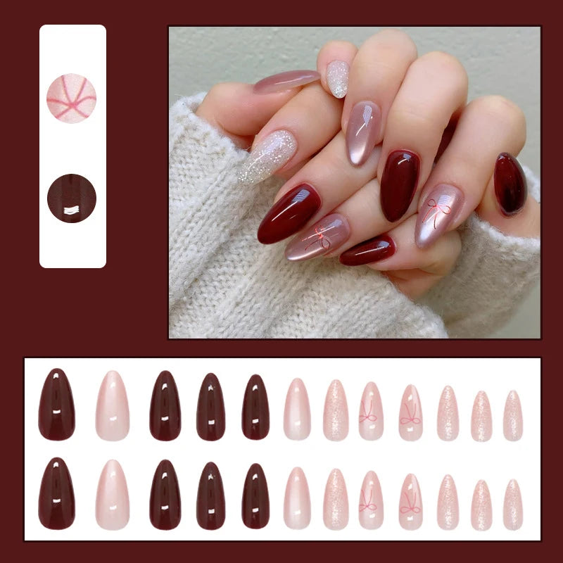 Short Medium fake nails cor women girls shimmer Glossy cat eyes nude red wine red colors french style press on false nail set