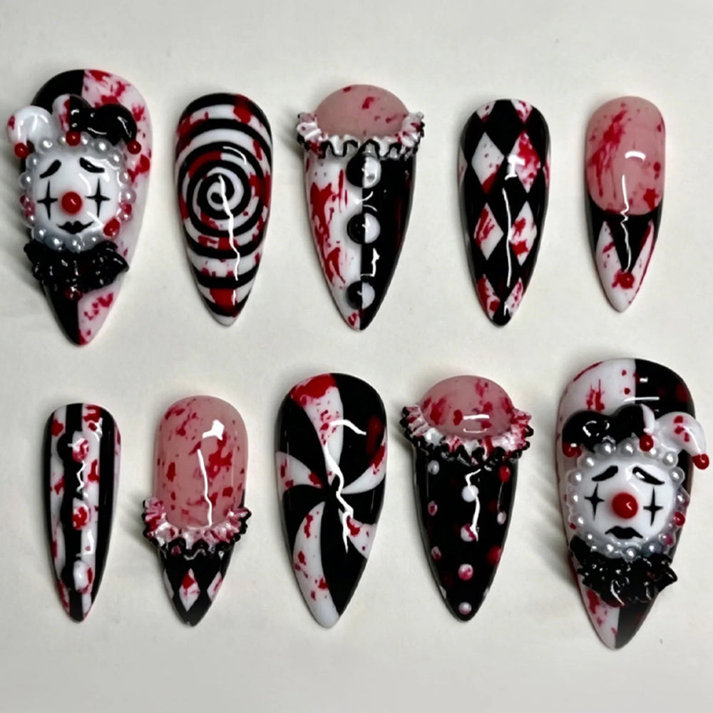 Dark Clown Spiral Halloween Press-On Nails – Almond, 30 Pcs