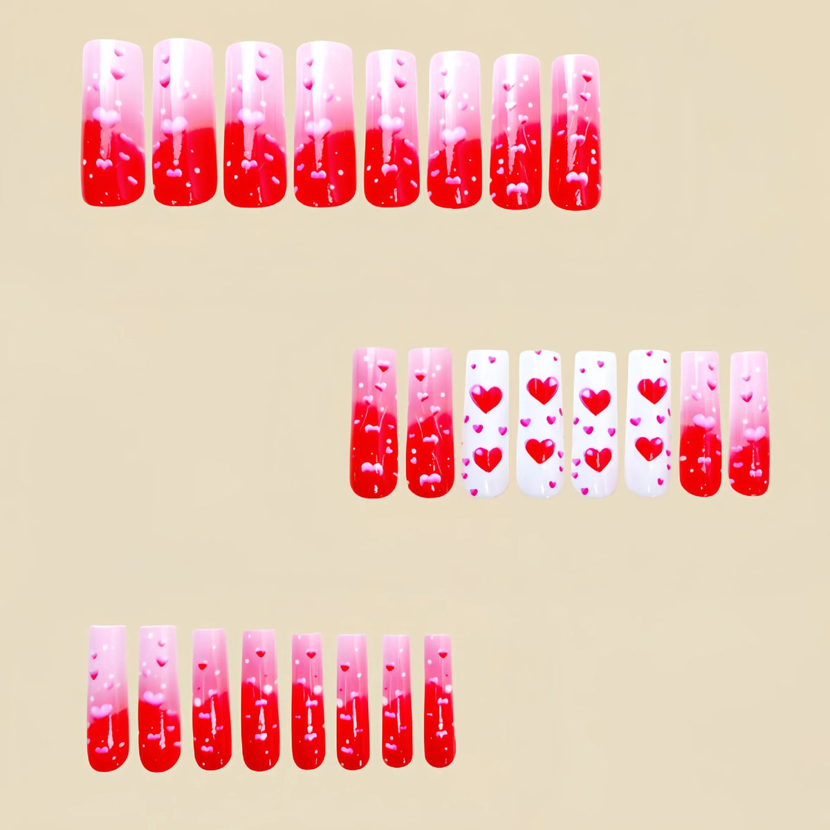 Long Gradient Pink And Red Heart square Shaped Nail Tips Press-On Fake Nails for Valentine's Day Wedding glossy Nail Art set