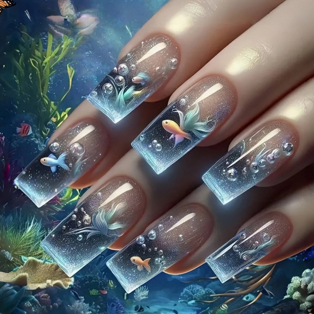Blue Ocean Jellyfish & Fish Summer Press-On Nails – Medium Long Square, 24 Pcs