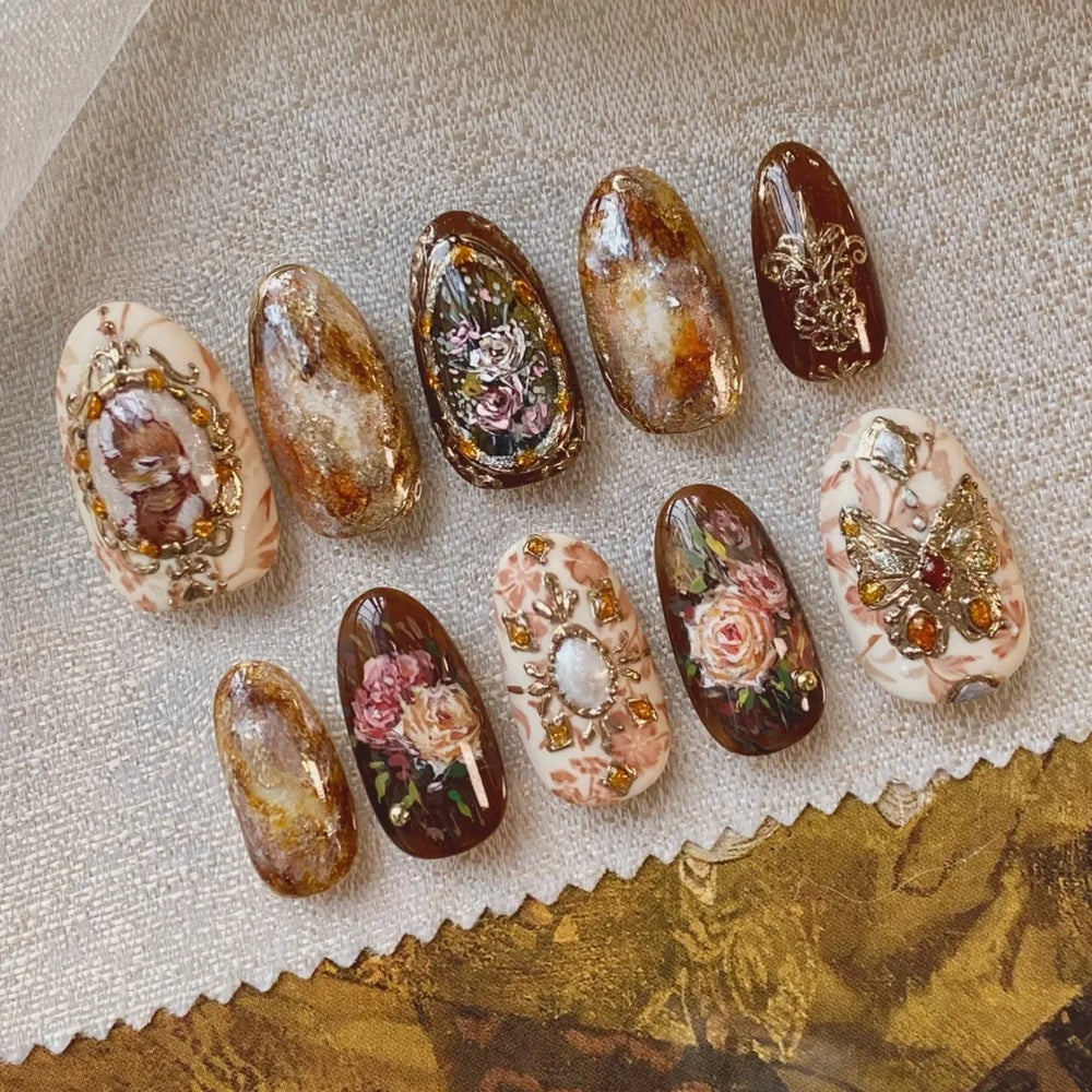 Vintage Floral Field Journal Press-On Nails – Almond, 24 Pcs
