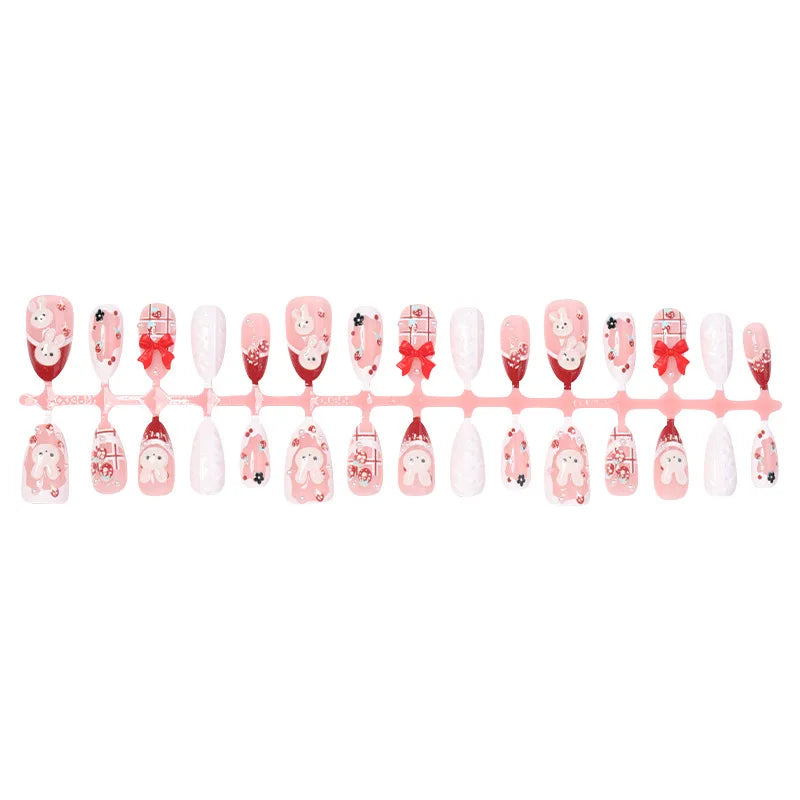 Rabbit & Strawberry Red French Press-On Nails – Almond, 30 Pcs