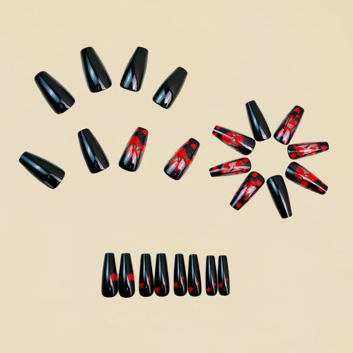 Medium long fake nails for women girls black red heart designs for Valentine's Day ballet almond nail tips press on false nail