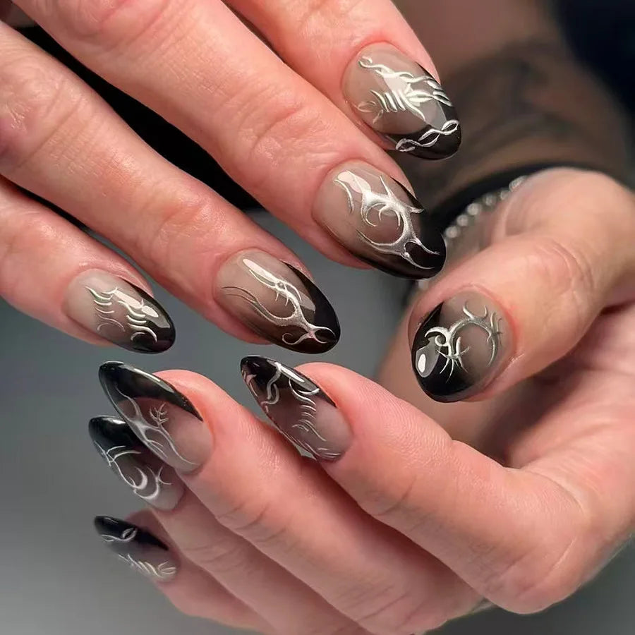 Gothic Black Silver Heart & Bow Press-On Nails – Short Almond, 24 Pcs