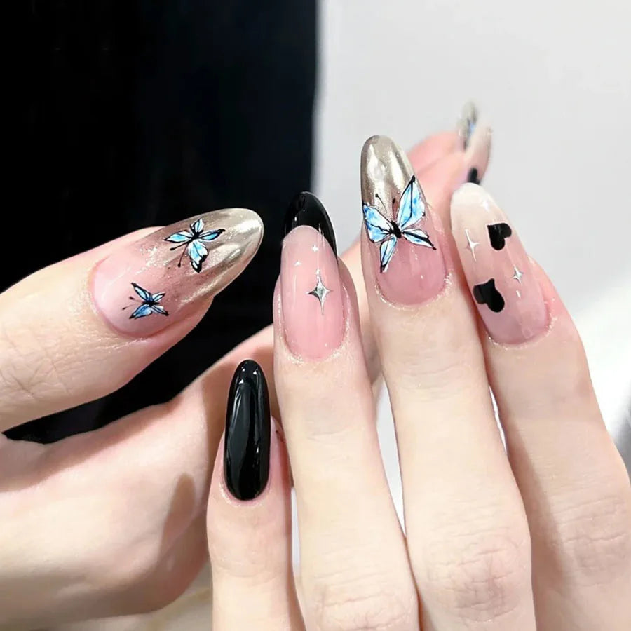 24pcs/Set Medium Long Ballet Nail Tips Press-On False Nails with Heart Pink Cherry Blossom Blue Green Purple Flower feather tips