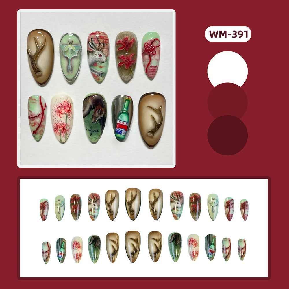 Gothic Portrait & Marble Art Press-On Nails – Almond, 24 Pcs