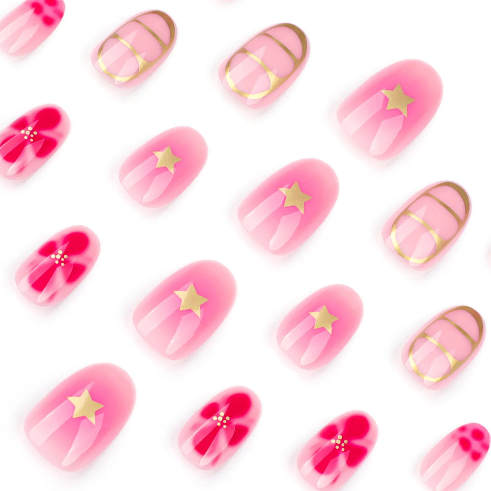 Sweet Pink Flower Gold Stripe Press-On Nails – Short Almond, 24 Pcs