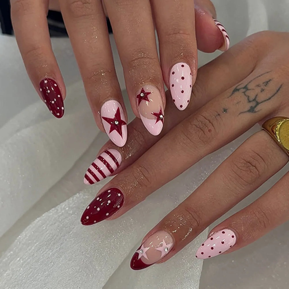 Star & Stripe Blush Y2K Press-On Nails – Short Almond, 24 Pcs