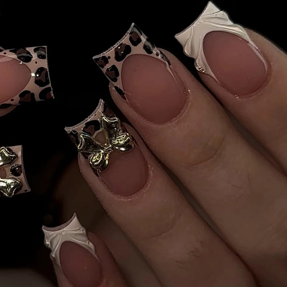 3D Leopard Flower & Butterfly Bow French Frame Press-On Nails – Medium Square, 24 Pcs