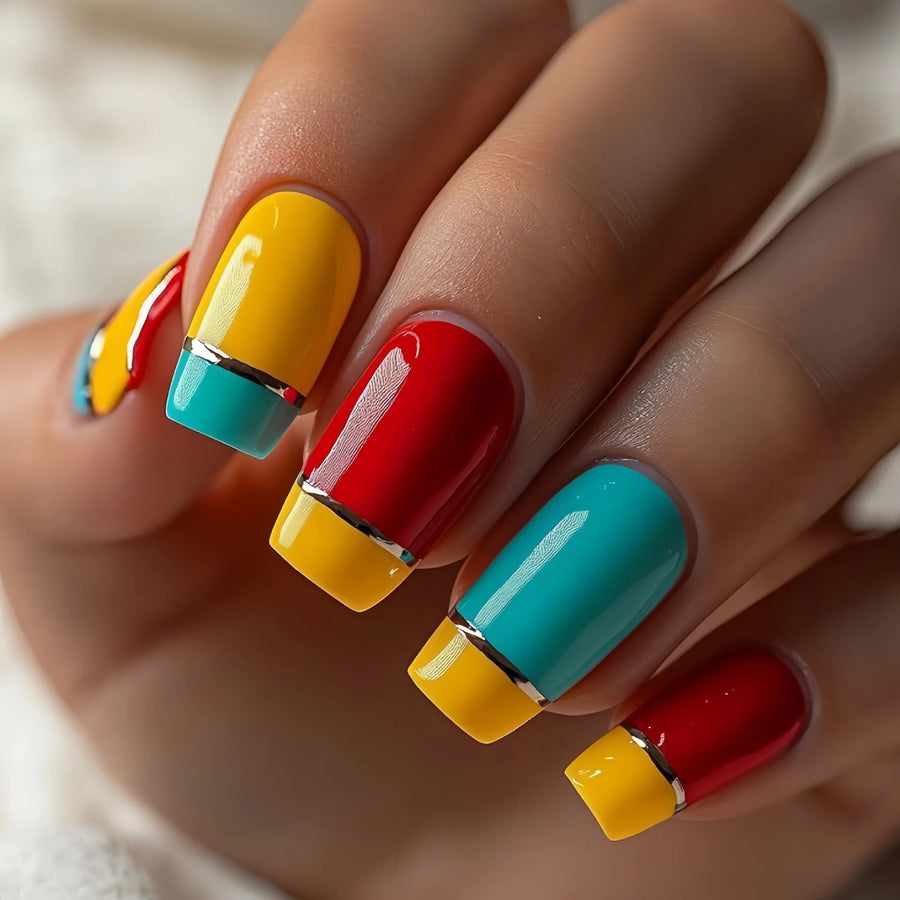 Y2K Color Block Stripe Ballet Almond Press-On Nails – Medium Long