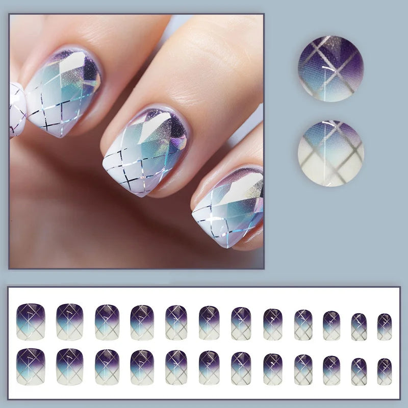 Short fake nails for women girls Gradient blue purple with silver stirps glossy square nail tips fill cover press on false nail