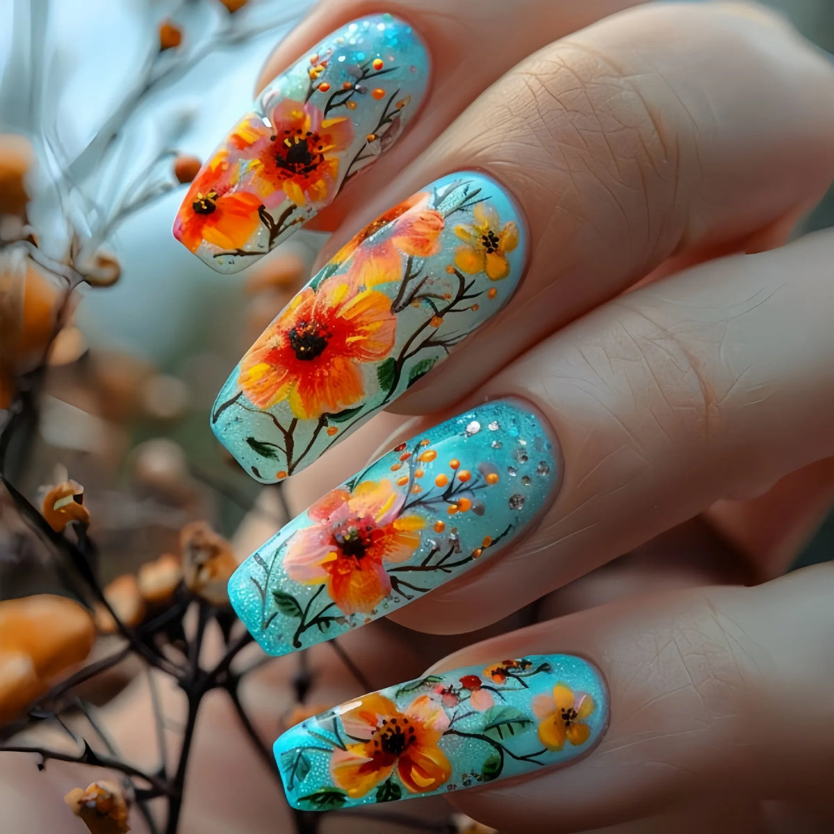 Medium long fake nails for women girls Spring summer flowers flora green blue orange Square ballet tips press on false nail art