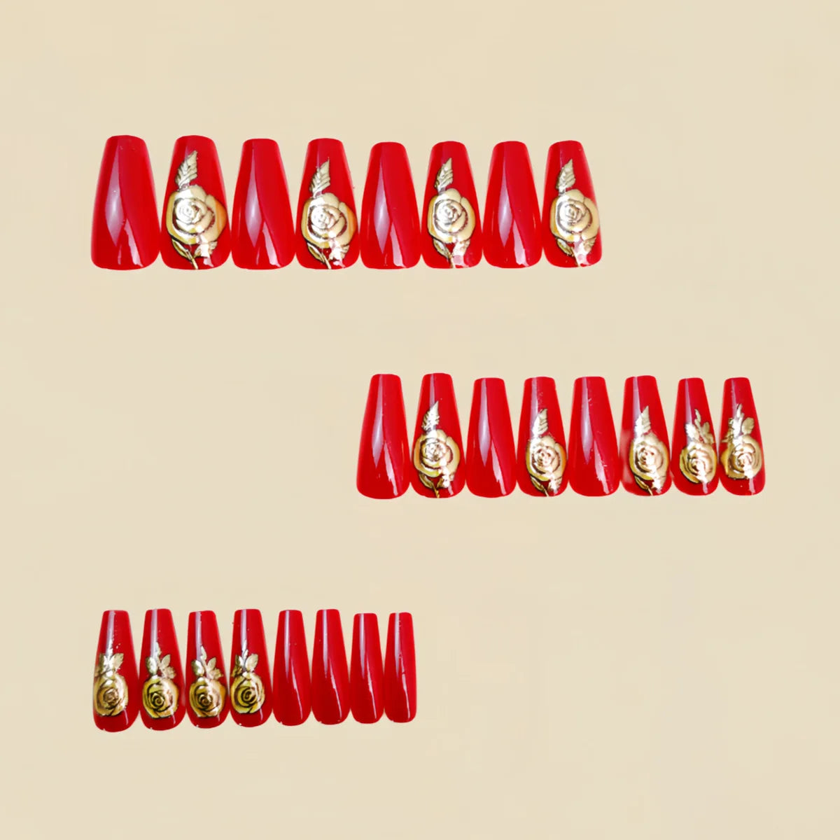 Medium Long Fake Nails for Women Golden Gilding Rose Flowers Blue Red Square Ballet Full Cover Nail Tips Press On False Nail Art