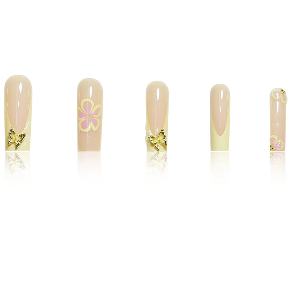 Yellow French Flower & Metal Butterfly Press-On Nails – Long Coffin, 24 Pcs